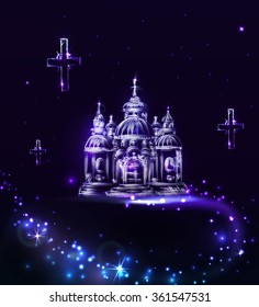 Abstract blue and violet Church on a dark background with light  in vector. Painted church with stars and shine. Hand drawn abstract temple for religion theme