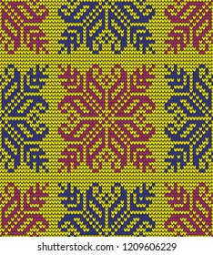 Abstract blue and violet seamless knitting pattern with penguins background