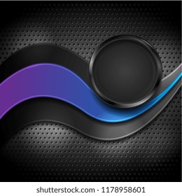 Abstract blue violet wave and black glossy circle on dark perforated metallic texture. Vector background