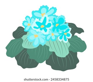 Abstract blue violets on leaves in flat design. Blooming flowers in leafage. Vector illustration isolated.