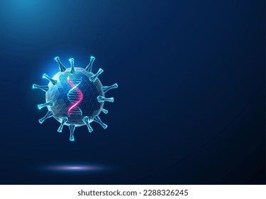 Abstract blue virus with purple 3d DNA molecule helix inside. Low poly style design. Geometric background. Wireframe light graphic connection structure. Vector