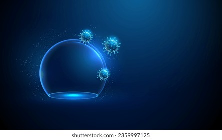 Abstract blue viruses outside a transparent glass dome. Immune system and virus protection concept. Low poly digital style design Blue geometric background Wireframe structure Modern 3d graphic Vector