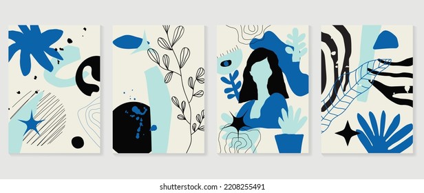 Resumen del vector de fondo del arte de la pared azul. Colección de forma abstracta, formas orgánicas, arte de línea, retrato femenino, hojas, líneas onduladas. Afiche de moda para la decoración de las paredes, el interior, el papel pintado y la pancarta.