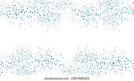 Abstract blue water background frame of geometric shapes. Circular ornament. Pattern of dots, particles, molecules, fragments. Poster for technology, medicine, presentations, business. Vector	