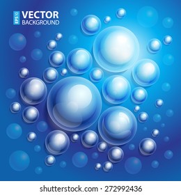 Abstract blue water background with shining drops and bubbles. RGB EPS 10 vector illustration