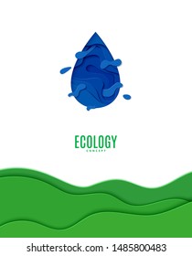 Abstract blue water drop in cut paper style. Cutout green grass wave template for for save the Earth posters, World Water Day, eco brochures. Vector blue waterdrop splash applique card illustration