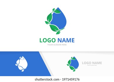 Abstract blue water logo combination. Nature drop and leaves logotype design template.