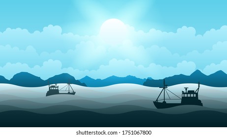 Abstract Blue Water Ocean Sea Nature Background Vector With Ship