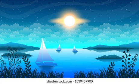 Abstract Blue Water Ocean Sea Nature Background Vector With Ships Mountains Clouds Sun Plants Grass Design Style