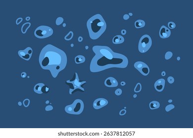 Abstract Blue Water Splash Shapes. Abstract water splash and droplet shapes in blue tones on dark background. Flat cartoon style illustration, random composition, no seamless repeat.