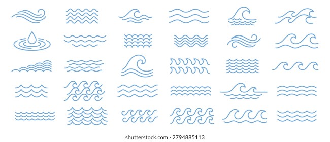 Abstract blue water wave icon set, minimalist monoline sea ocean ripples and curves vector illustration.