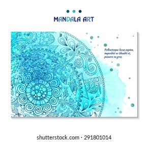 Abstract blue watercolor background with circular elements  Vector illustration for ethnic creative design projects. Yoga, oriental and ethnic art theme. Doodles mandala spa salon stationary template.