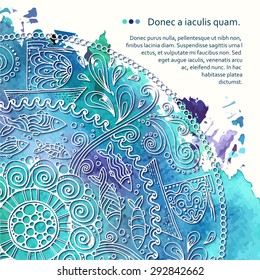 Abstract blue watercolor background with circular elements  Vector illustration for ethnic creative design projects. Yoga, oriental and ethnic art theme. Doodles mandala spa salon stationary template.