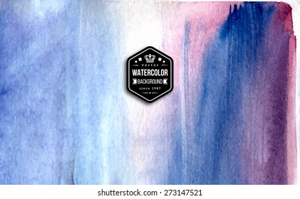 Abstract blue watercolor background. Vector illustration. Retro vintage badge with king crown. 