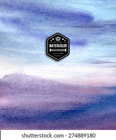 Abstract blue watercolor background. Vector illustration. Retro vintage badge with king crown. 