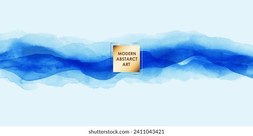 Abstract blue watercolor background with waves, foggy mountains, clouds. Ink washes. Soft minimal design.