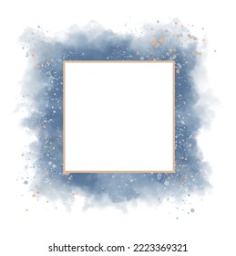 Abstract Blue Watercolor Style Vector illustration with Gold Thin Frame and Splatters on a White Background. Cloud made of Stains and Splatter. Powder and Paint Explosion Print.