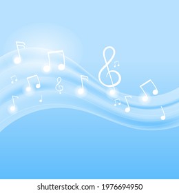 Abstract Blue Wave Background With Music Notes And Lights Effect.