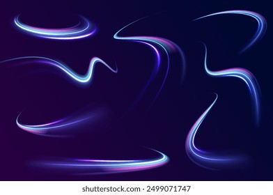 Abstract blue wave background. Wavy transparent curved lines in the form of the movement of sound waves in a set of different shapes of whirlpool, twist, spiral. Light arc in blue colors, in the form