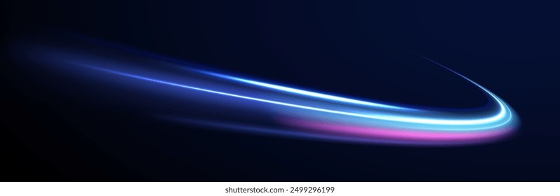 Abstrakter, blauer Wellenhintergrund. Wellenförmige transparente gekrümmte Linien in Form der Bewegung von Schallwellen in einer Reihe von verschiedenen Formen von Whirlpool, Twist, Spirale. Lichtbogen in blauen Farben, in Form