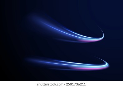 Abstrakter, blauer Wellenhintergrund. Wellenförmige transparente gekrümmte Linien in Form der Bewegung von Schallwellen in einer Reihe von verschiedenen Formen von Whirlpool, Twist, Spirale. Lichtbogen in blauen Farben, in Form