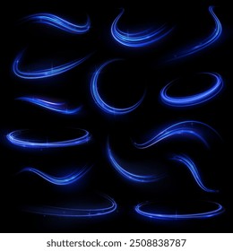 Fondo azul Abstractas de la onda. Líneas curvas transparentes onduladas en forma de movimiento de ondas de sonido en un conjunto de diferentes Formas de remolino, giro, espiral. Arco de luz en colores azules, en la forma