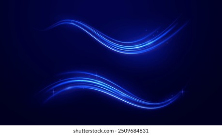 Fondo azul Abstractas de la onda. Líneas curvas transparentes onduladas en forma de movimiento de ondas de sonido en un conjunto de diferentes Formas de remolino, giro, espiral. Arco de luz en colores azules, en la forma