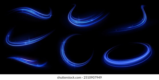 Fondo azul Abstractas de la onda. Líneas curvas transparentes onduladas en forma de movimiento de ondas de sonido en un conjunto de diferentes Formas de remolino, giro, espiral. Arco de luz en colores azules, en la forma