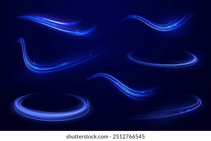 Fondo azul Abstractas de la onda. Líneas curvas transparentes onduladas en forma de movimiento de ondas de sonido en un conjunto de diferentes Formas de remolino, giro, espiral. Arco de luz en colores azules, en la forma