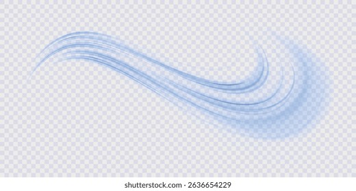 Abstract blue wave background. Wavy transparent curved lines in the form of the movement of sound waves in a set of different shapes of whirlpool, twist, spiral. Light arc in blue colors, in the form