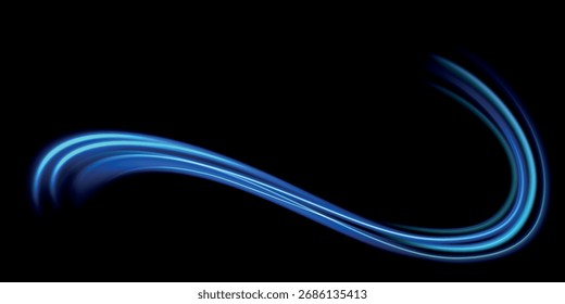 Fundo abstrato da onda azul. Linhas onduladas curvas transparentes na forma de movimento de ondas sonoras em um conjunto de diferentes formas de redemoinho, torção, espiral. Arco claro em cores azuis, na forma