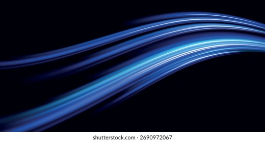 Abstract blue wave background. Wavy transparent curved lines in the form of the movement of sound waves in a set of different shapes of whirlpool, twist, spiral. Light arc in blue colors, in the form