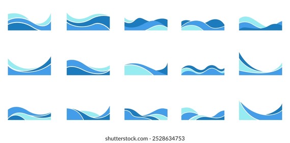 Abstract Blue Wave Curve Shape Border and Corner Frame Vector Set Collection. Decorative Elements Corners, Borders, and Frames. Elegant Shape for Banners, Certificates, Invitations, and Covers Design