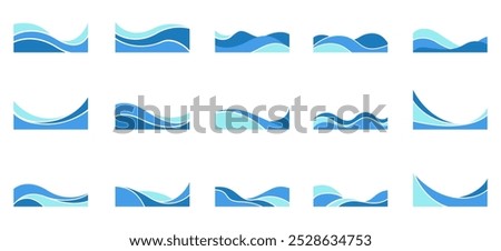 Abstract Blue Wave Curve Shape Border and Corner Frame Vector Set Collection. Decorative Elements Corners, Borders, and Frames. Elegant Shape for Banners, Certificates, Invitations, and Covers Design