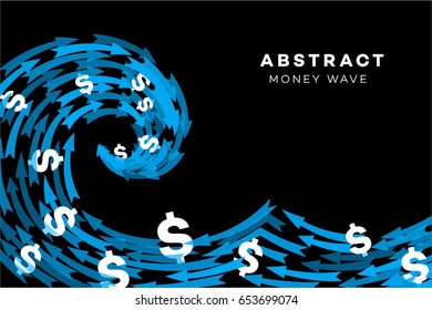 Abstract Blue Wave With Dollars And Arrows. Conceptual Vector Illustration.