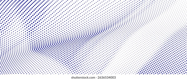 Abstract blue wave dot pattern background with halftone texture and dynamic curved lines for futuristic digital design and tech-themed graphic templates