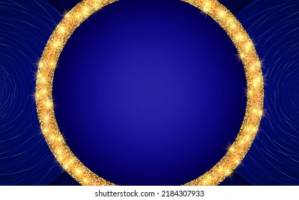 Abstract blue wave dynamic round shapes with golden sparkle circle vector background for design