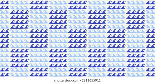 Abstract blue wave hand drawn seamless pattern. Beach water waves background design. Summer vacation surface print, sea travel wallpaper art.