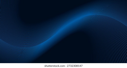 Fondo de línea de onda azul Abstractas con líneas curvas fluidas con gradiente brillante y efecto de profundidad. Diseño moderno futurista ideal para tecnología, red digital, flujo de datos, IA, fintech, encabezado de Sitio web, interfaz UI UX, presentación comercial, innovación y concepto de ciencia.