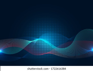 Abstract blue wave line with halftone on dark background. Technology concept. Vector illustration