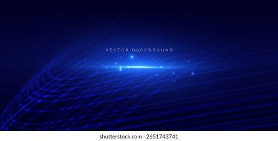 Líneas de onda azul Abstractas dinámico con efecto de iluminación brillante sobre fondo azul oscuro. Concepto de líneas de onda futuristas. Ilustración vectorial