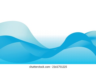 Abstract blue wave lines flowing horizontally on a white background with a blue gradient dotted pattern, ideal for technology, music, science and the digital world
