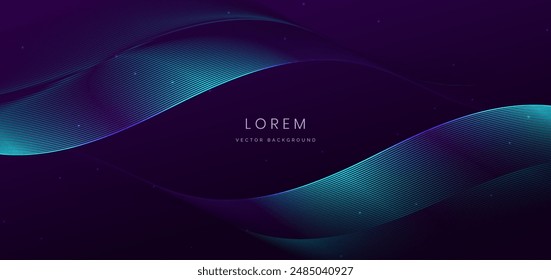 Abstract blue wave lines glowing on dark purple background with copy space for text. Luxury design style. Vector illustration