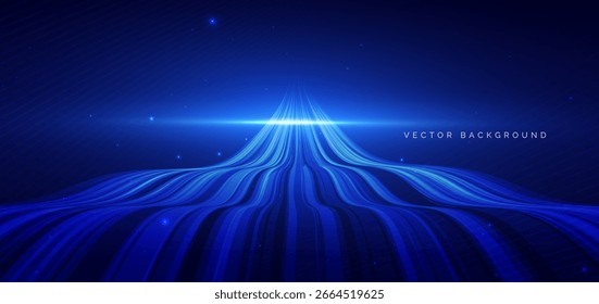 Linhas de onda azul abstratas brilhando com brilho de iluminação no fundo azul. Conceito de conexão de rede de alta velocidade futurista. Ilustração vetorial