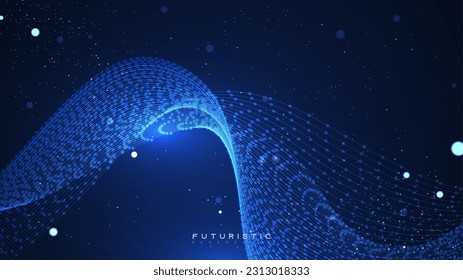 Abstract blue wave lines technology background. Futuristic digital spectrum with glowing particles. Beautiful digital network illustration in the dark blue background