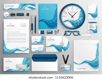 abstract blue wave modern business stationery items