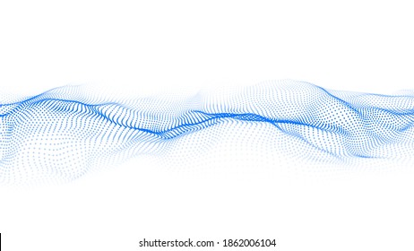 Abstract blue wave with moving dots. Flow of particles. Vector cyber technology illustration.