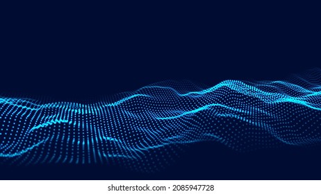 Abstract blue wave with moving dots. Flow of particles. Cyber technology illustration. Vector illustration.