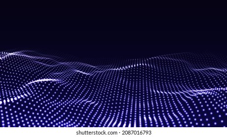 Abstract blue wave with moving dots. Flow of particles. Cyber technology illustration. Vector illustration.