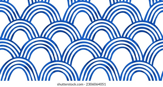 Abstract blue wave shape seamless pattern illustration. Vintage asian ocean water background in hand drawn watercolor art style. Traditional japanese ornament texture, repeatable oriental wallpaper.